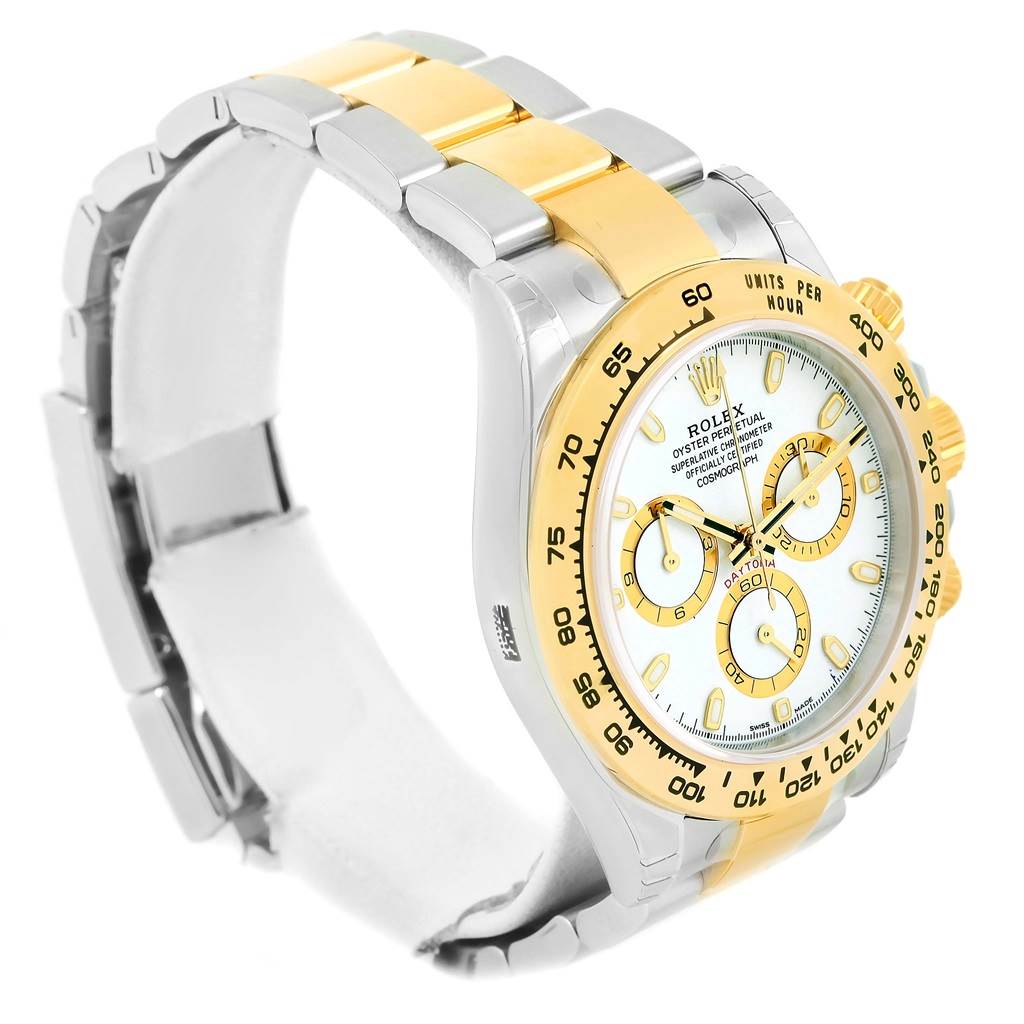 The image shows the Rolex Daytona 116503 Men's Steel and Gold (two tone) White Dial 116503 Men's Steel and Gold (two tone) White Dial watch at a 3/4 left side angle, highlighting its gold and silver bracelet, bezel, and face.