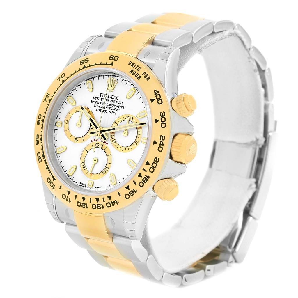 This image shows a Rolex Daytona 116503 Men's Steel and Gold (two tone) White Dial 116503 Men's Steel and Gold (two tone) White Dial watch at a 3/4 angle, highlighting its face, bezel, crown, and part of its bracelet.