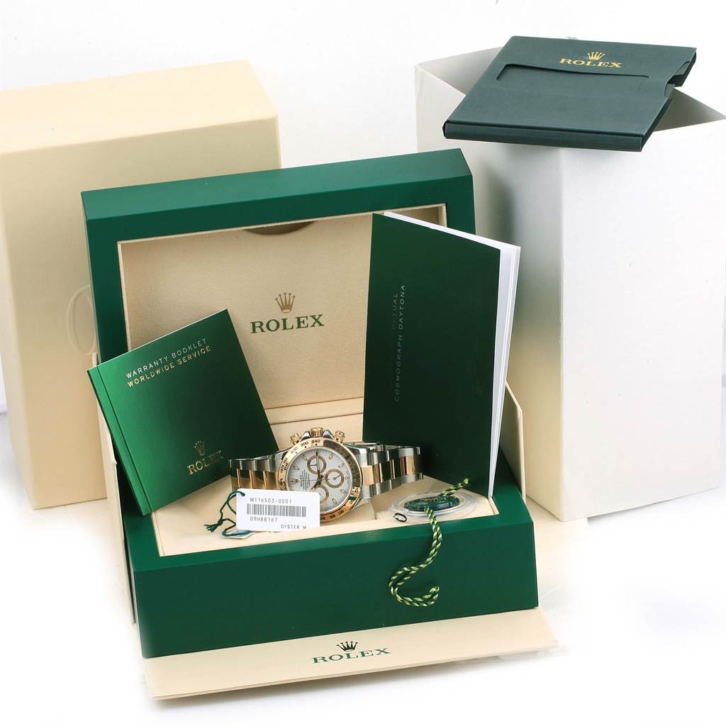 The image shows a Rolex Daytona 116503 Men's Steel and Gold (two tone) White Dial 116503 Men's Steel and Gold (two tone) White Dial watch, its box, warranty booklet, and other accompanying documentation.