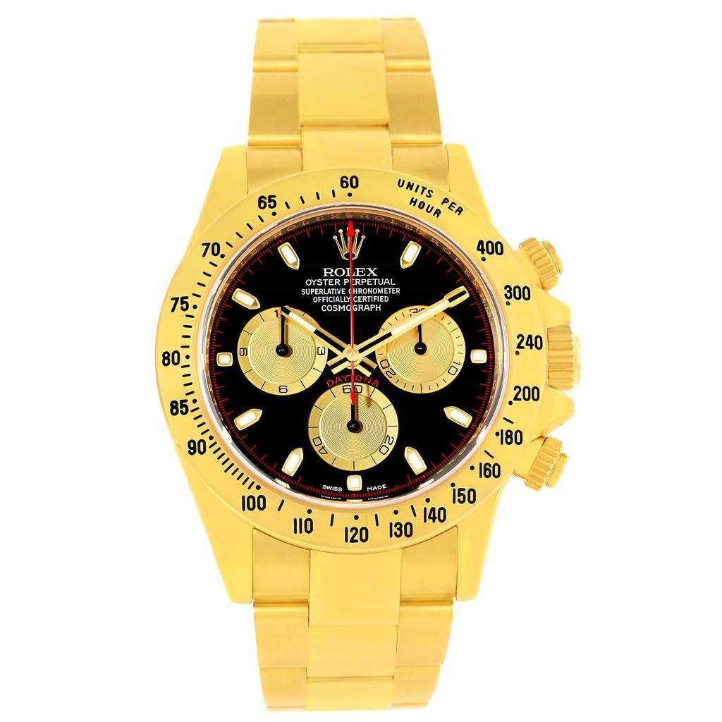 The image shows a frontal view of a Rolex Daytona 116528 Men's Yellow Gold Black Dial 116528 Men's Yellow Gold Black Dial watch, highlighting the gold bracelet, black dial, and three sub-dials.