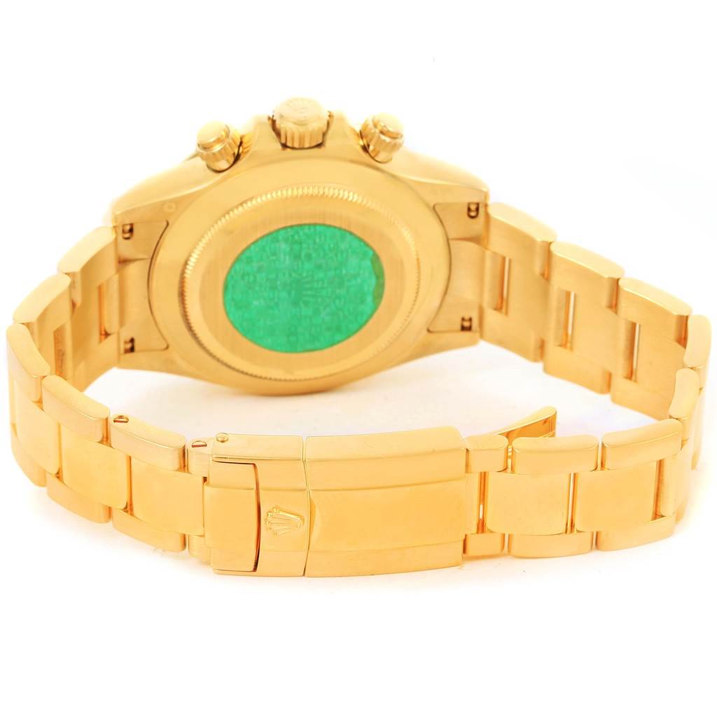 This image shows the back view of a Rolex Daytona 116528 Men's Yellow Gold Black Dial 116528 Men's Yellow Gold Black Dial watch, highlighting the case back, bracelet, and clasp.