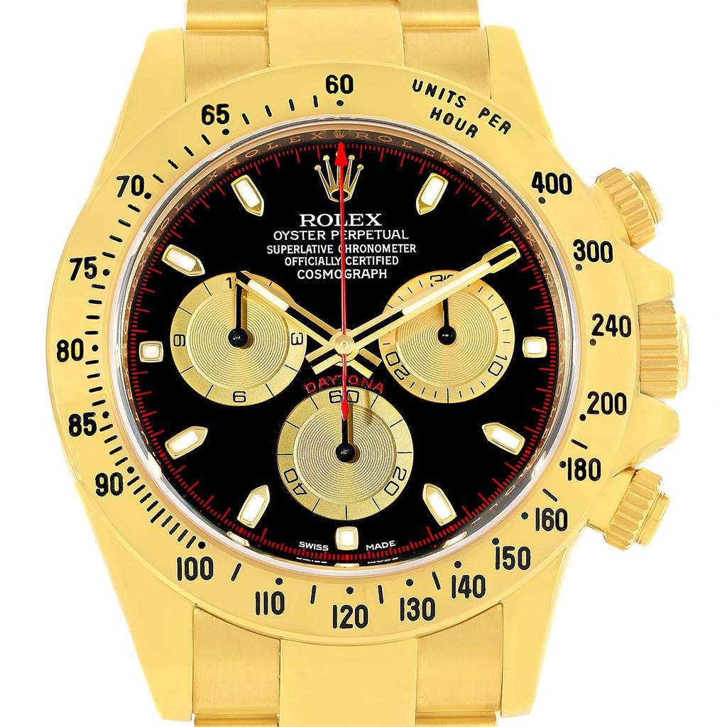 This image shows a frontal view of a Rolex Daytona 116528 Men's Yellow Gold Black Dial 116528 Men's Yellow Gold Black Dial watch, highlighting its dial, bezel, and chronograph sub-dials.