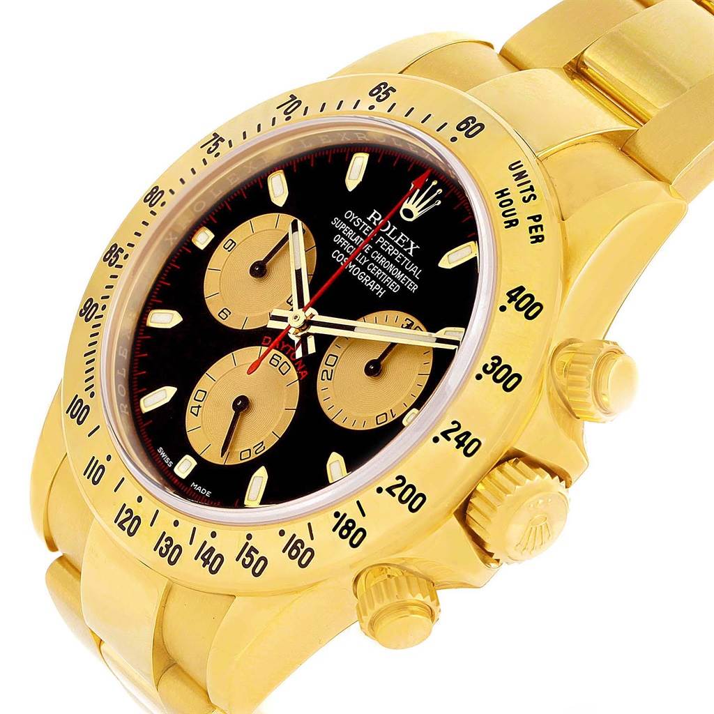 This image shows a close-up angle of the Rolex Daytona 116528 Men's Yellow Gold Black Dial 116528 Men's Yellow Gold Black Dial watch, highlighting the dial, bezel, pushers, and part of the bracelet.