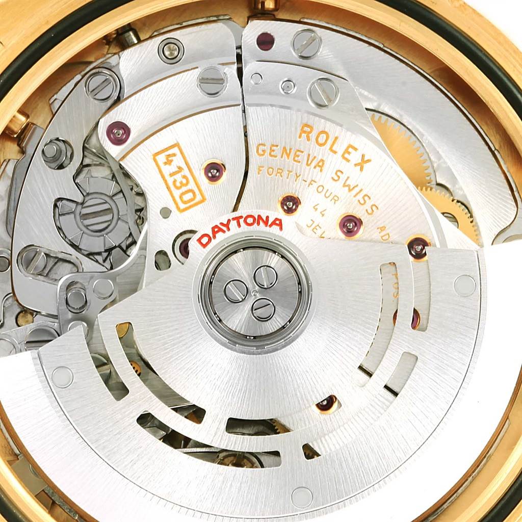 The image shows the internal mechanism and rotor of a Rolex Daytona 116528 Men's Yellow Gold Black Dial 116528 Men's Yellow Gold Black Dial watch, viewed from the back.