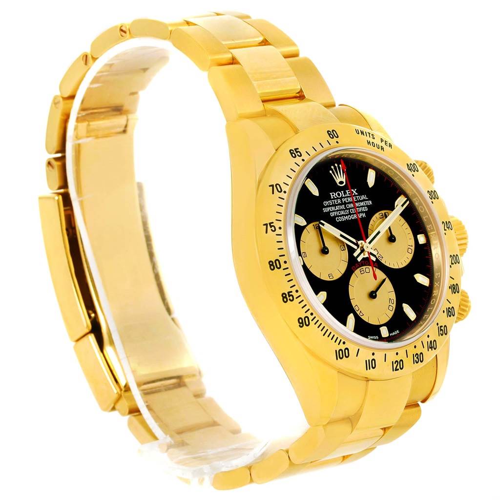 The image shows a Rolex Daytona 116528 Men's Yellow Gold Black Dial 116528 Men's Yellow Gold Black Dial watch, angled to display the gold bracelet, black dial, and subdials.