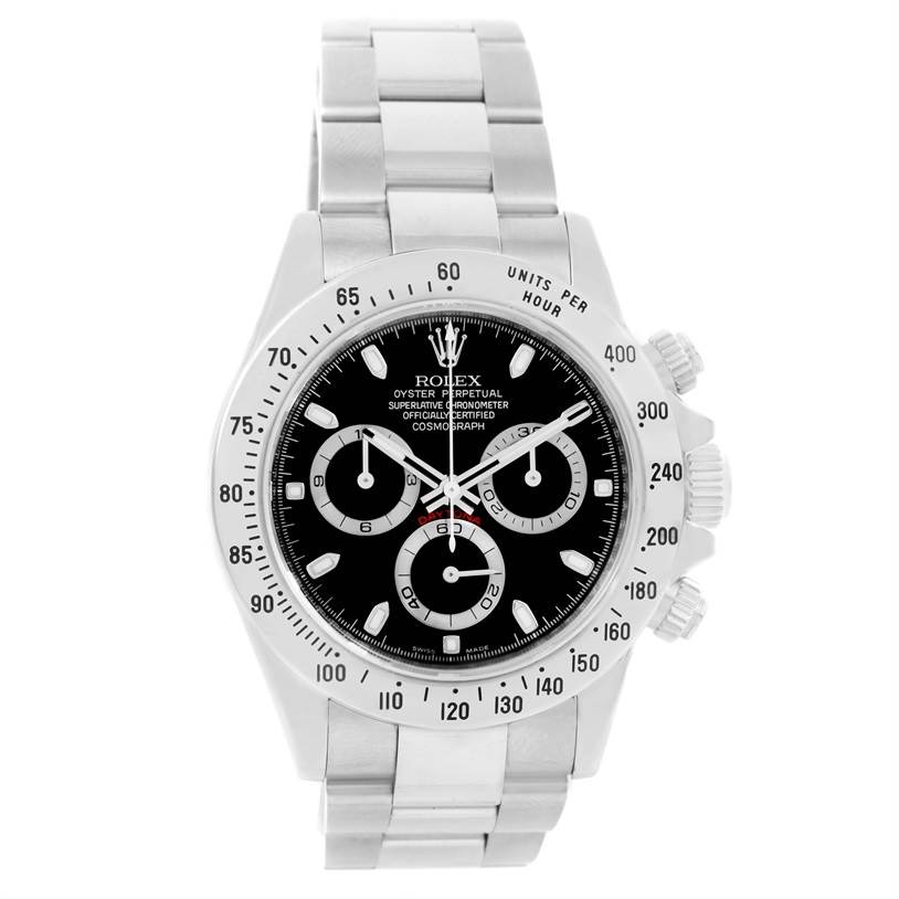 The image shows a full frontal view of a Rolex Daytona 116520 Men's Stainless Steel Black Dial 116520 Men's Stainless Steel Black Dial watch, including the dial, bezel, and stainless steel bracelet.