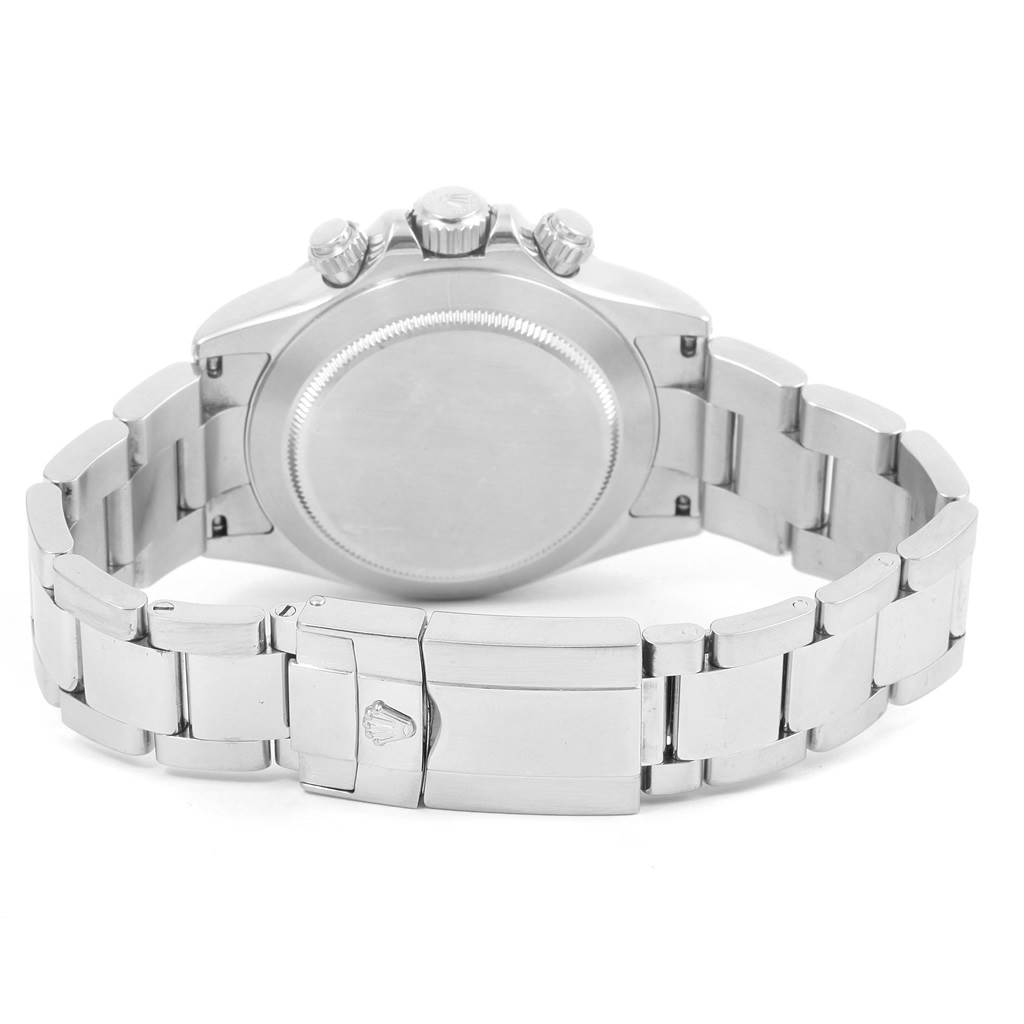 The image shows the back case and bracelet of a Rolex Daytona 116520 Men's Stainless Steel Black Dial 116520 Men's Stainless Steel Black Dial watch from a rear angle.