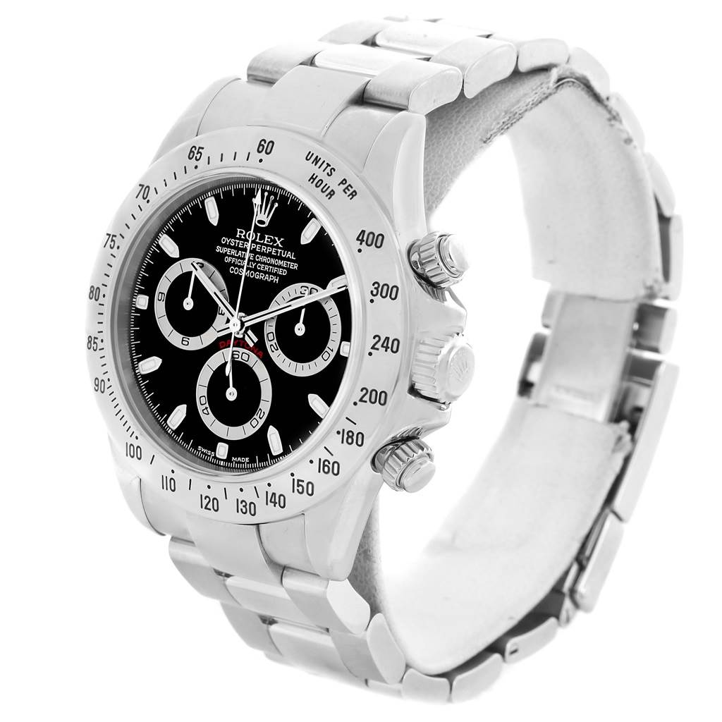 The Rolex Daytona 116520 Men's Stainless Steel Black Dial 116520 Men's Stainless Steel Black Dial watch is shown from a slightly oblique angle, displaying its bezel, dial, crown, pushers, and bracelet.