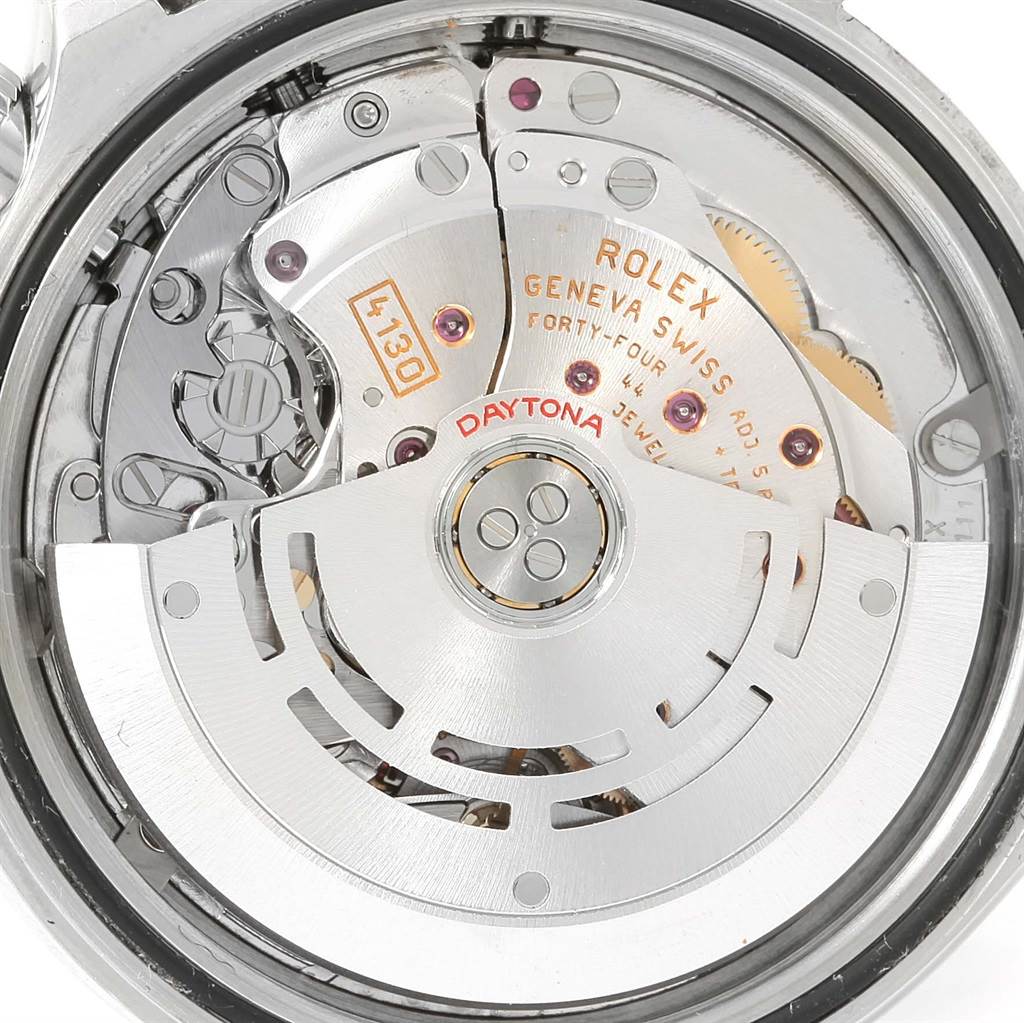This image shows the back view of the Rolex Daytona 116520 Men's Stainless Steel Black Dial 116520 Men's Stainless Steel Black Dial watch, revealing the intricate mechanics and movement components inside.