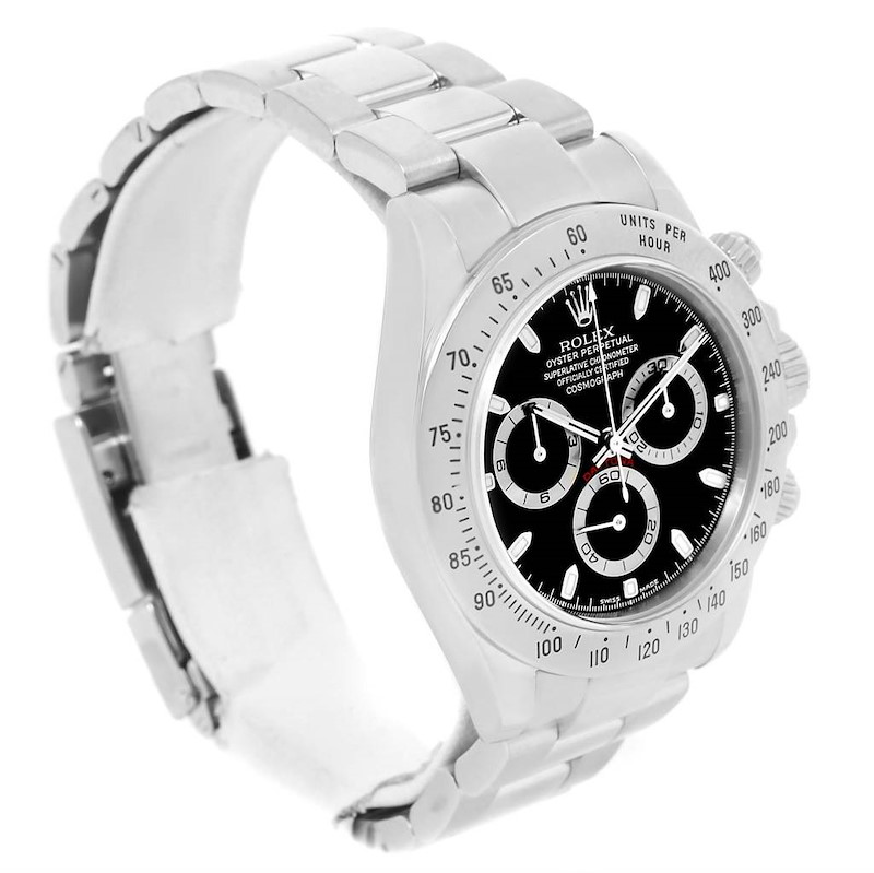 The image shows a side angle of the Rolex Daytona watch, highlighting the bracelet, bezel, and dial.