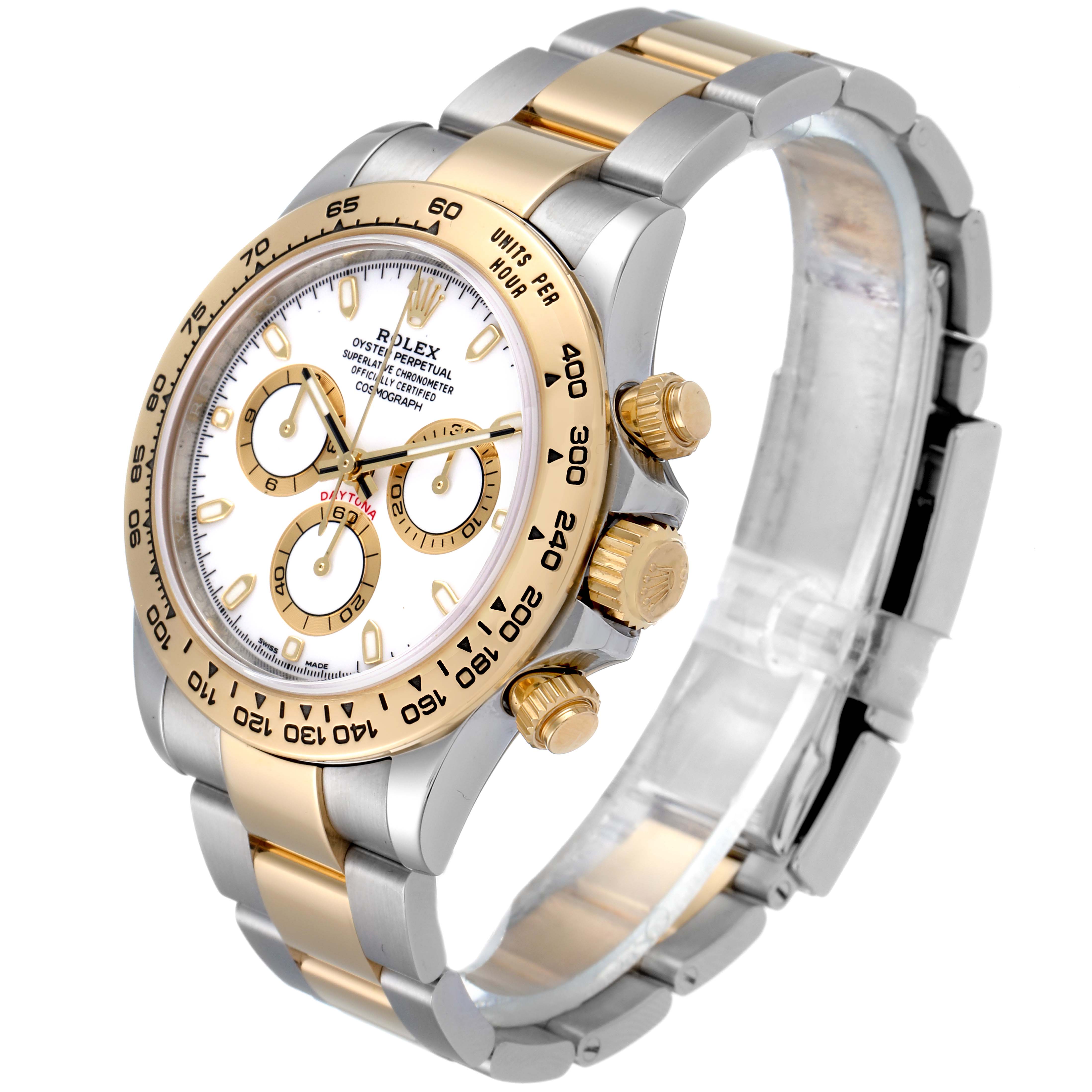 This image shows a Rolex Daytona 116503 Men's Steel and Gold (two tone) White Dial 116503 Men's Steel and Gold (two tone) White Dial watch at an angled side view featuring its face, bezel, and bracelet.