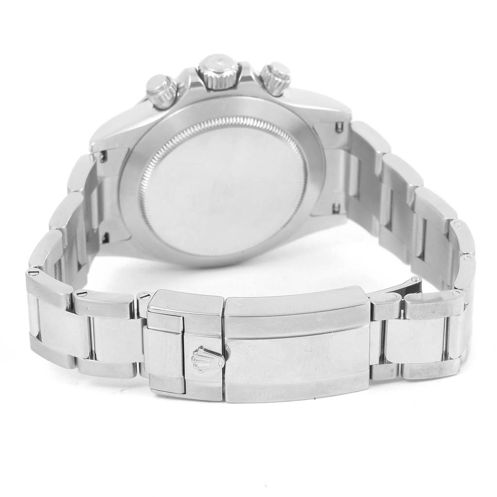 The image shows the back case, crown, and metal bracelet of a Rolex Daytona 116520 Men's Stainless Steel Black Dial 116520 Men's Stainless Steel Black Dial watch.