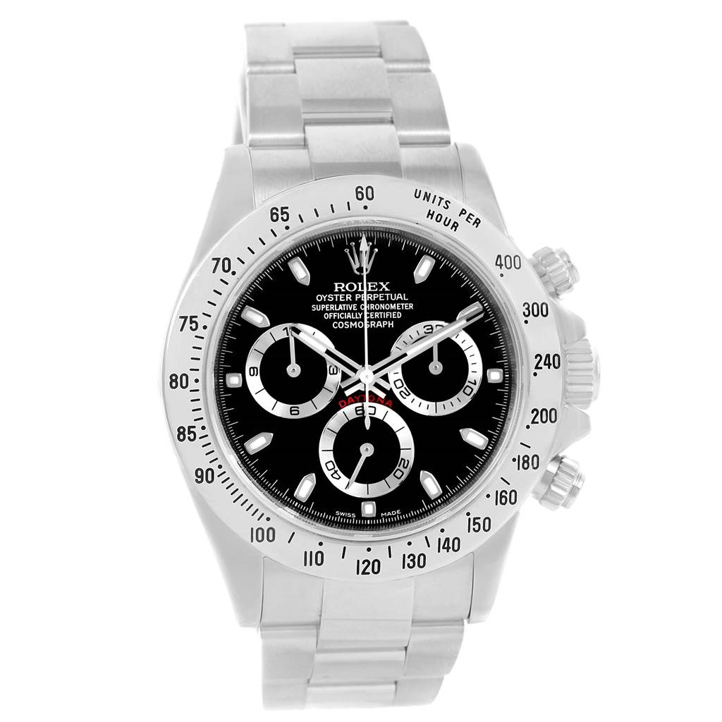 This image shows a frontal view of a Rolex Daytona 116520 Men's Stainless Steel Black Dial 116520 Men's Stainless Steel Black Dial watch, highlighting its black dial, chronograph subdials, and stainless steel bracelet.