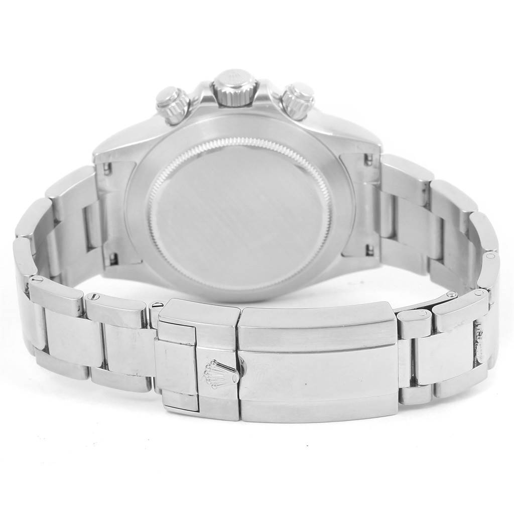 The image shows the back view of a Rolex Daytona 116520 Men's Stainless Steel White Dial 116520 Men's Stainless Steel White Dial watch, highlighting the clasp and the case back.