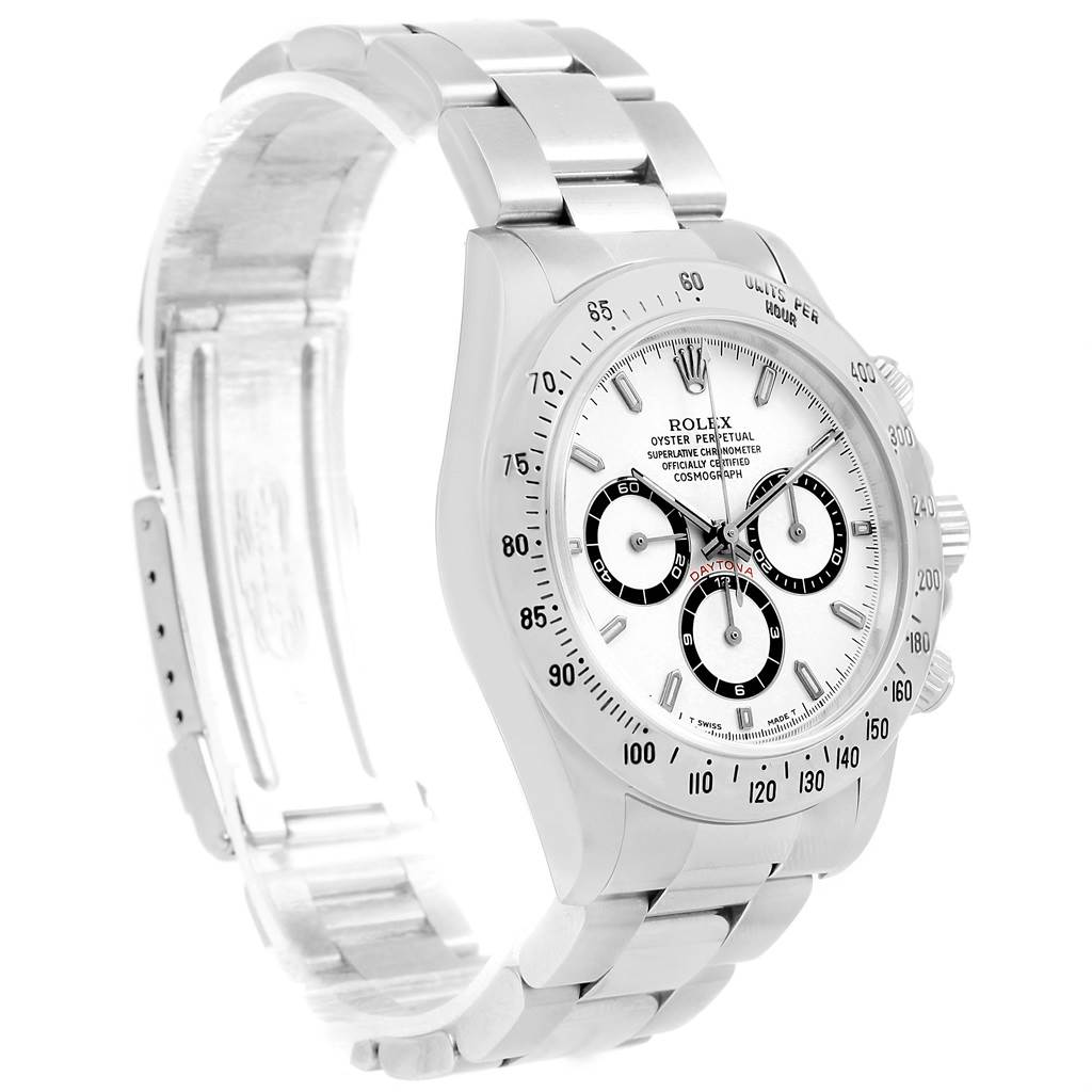 The image shows a Rolex Daytona 16520 Men
s Stainless Steel White Dial 16520 Men
s Stainless Steel White Dial watch from a front-left angle, highlighting its dial, bezel, and bracelet.