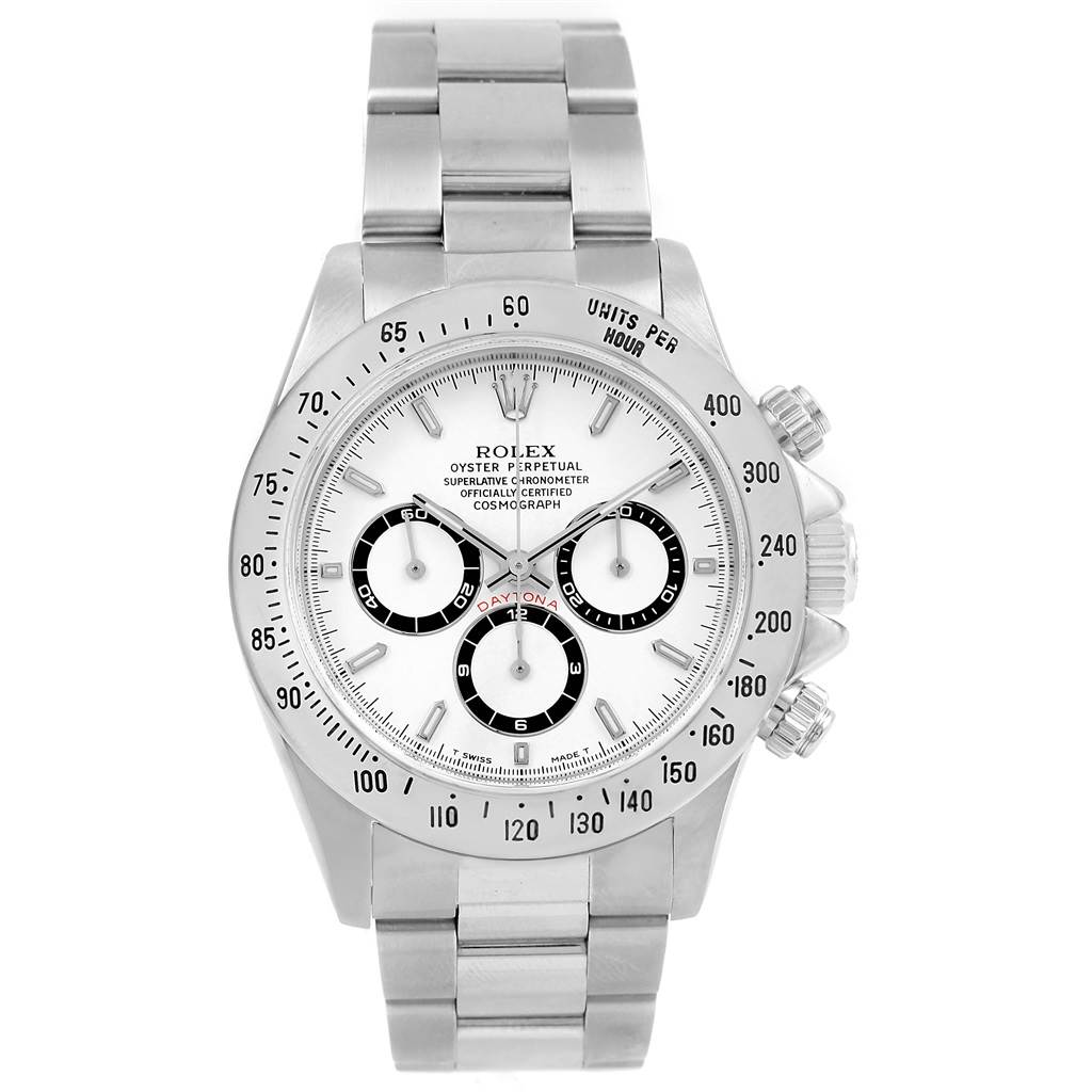 The image shows a front view of a Rolex Daytona 16520 Men
s Stainless Steel White Dial 16520 Men
s Stainless Steel White Dial watch, highlighting its face, subdials, bezel, and bracelet.