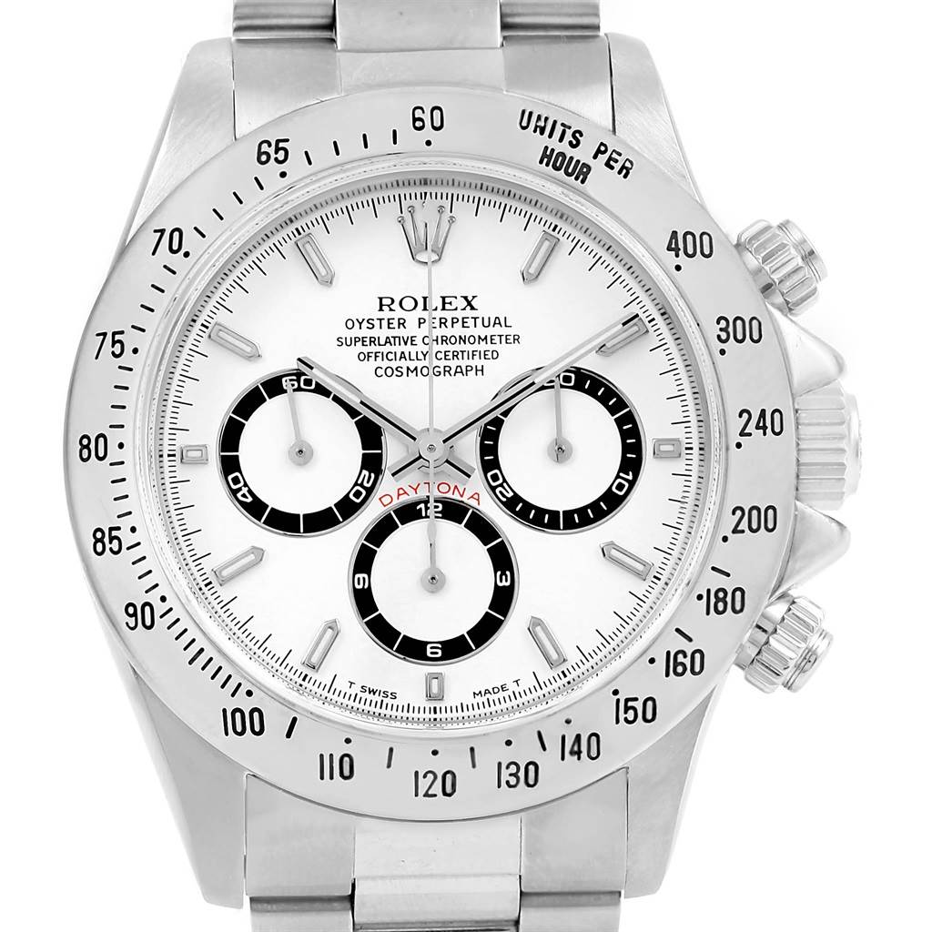The image shows a frontal view of the Rolex Daytona 16520 Men
s Stainless Steel White Dial 16520 Men
s Stainless Steel White Dial watch, displaying the dial, subdials, bezel, and bracelet.