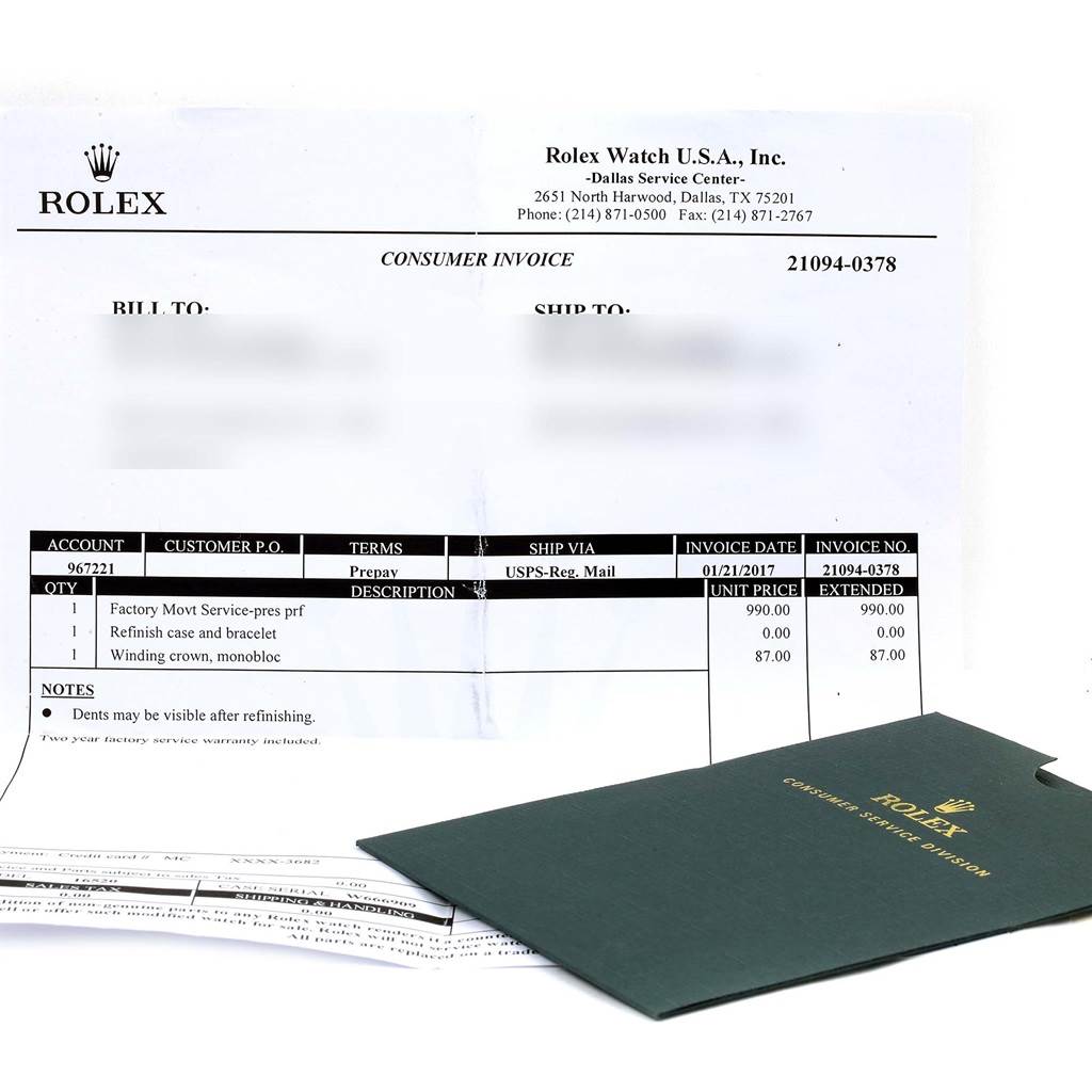 This image shows a consumer invoice from Rolex, detailing services for the Daytona model, including refinishing the case and bracelet, and replacing the winding crown.