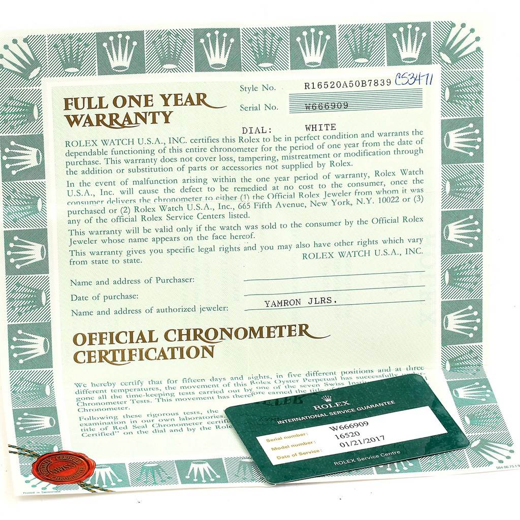 The image shows the warranty and official chronometer certification documents for a Rolex Daytona 16520 Men
s Stainless Steel White Dial 16520 Men
s Stainless Steel White Dial watch, including model R16520 and serial W666909.