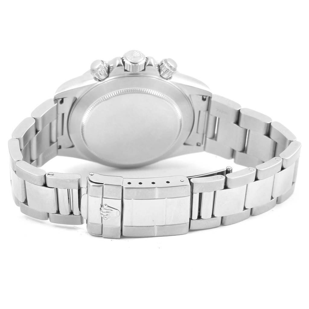 This image shows the back case and bracelet of a Rolex Daytona 16520 Men
s Stainless Steel White Dial 16520 Men
s Stainless Steel White Dial watch, with the clasp and pushers visible from the rear angle.