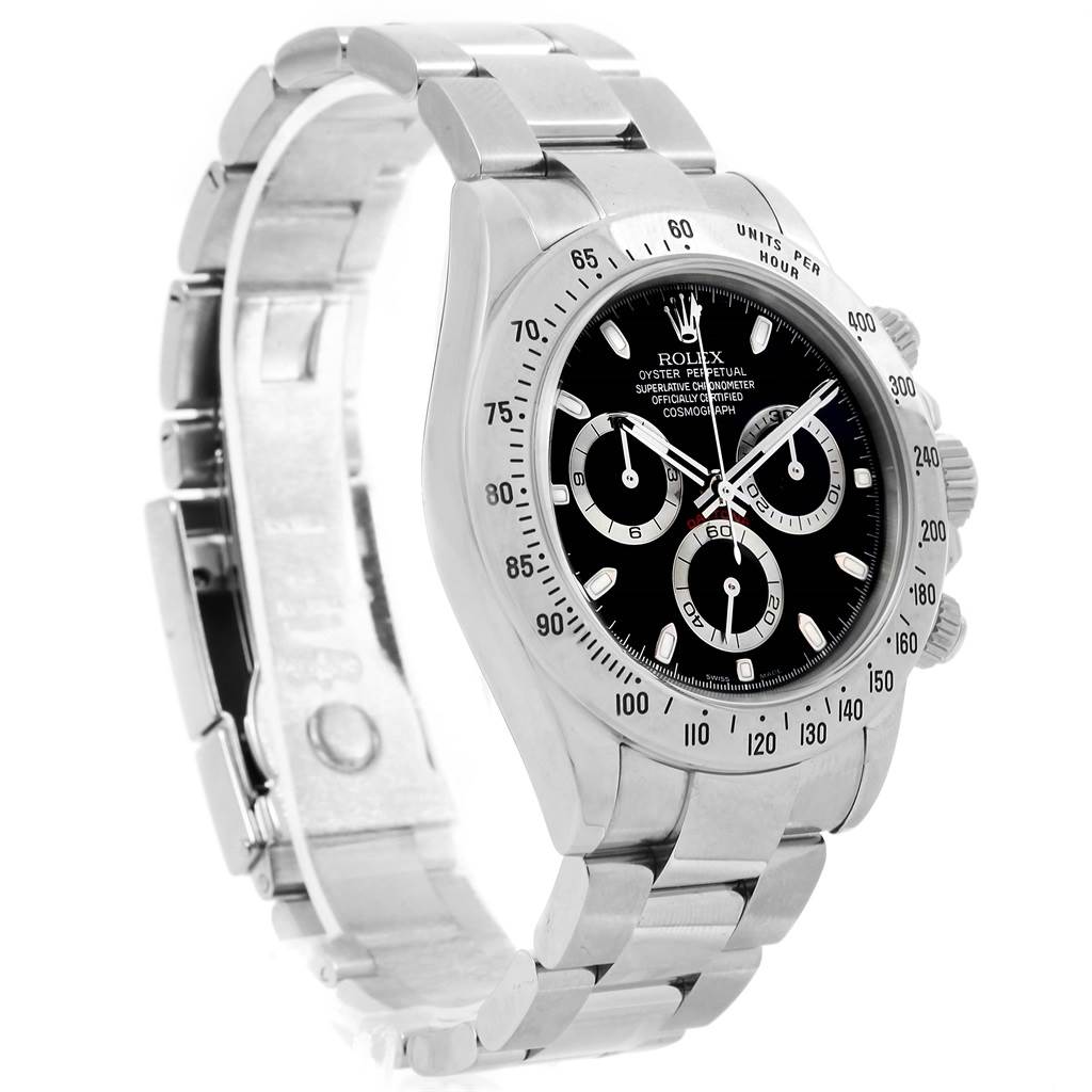 The Rolex Daytona 116520 Men's Stainless Steel Black Dial 116520 Men's Stainless Steel Black Dial watch is shown at a three-quarter angle, highlighting its dial, bezel, crown, and part of its bracelet.