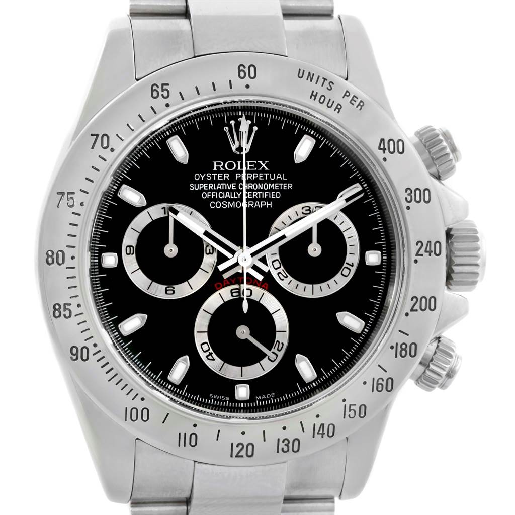 The image shows the front view of a Rolex Daytona 116520 Men's Stainless Steel Black Dial 116520 Men's Stainless Steel Black Dial watch, displaying the dial, bezel, and chronograph subdials.
