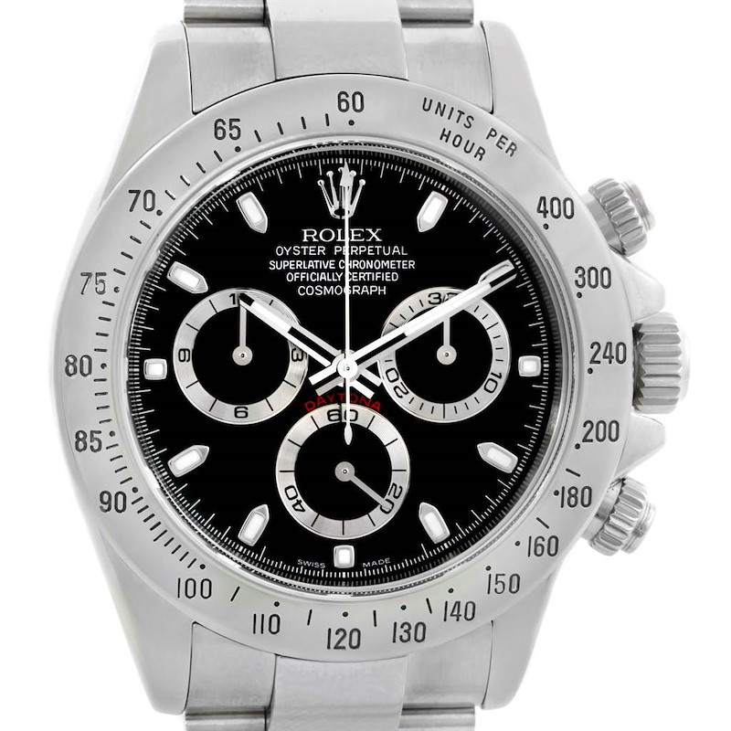 The image shows the front view of a Rolex Daytona watch, displaying the dial, bezel, and chronograph subdials.