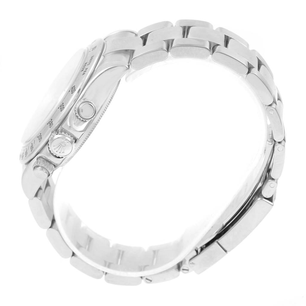 The image shows a Rolex Daytona 116520 Men's Stainless Steel Black Dial 116520 Men's Stainless Steel Black Dial watch in a side profile view, highlighting the bracelet, crown, and pushers.