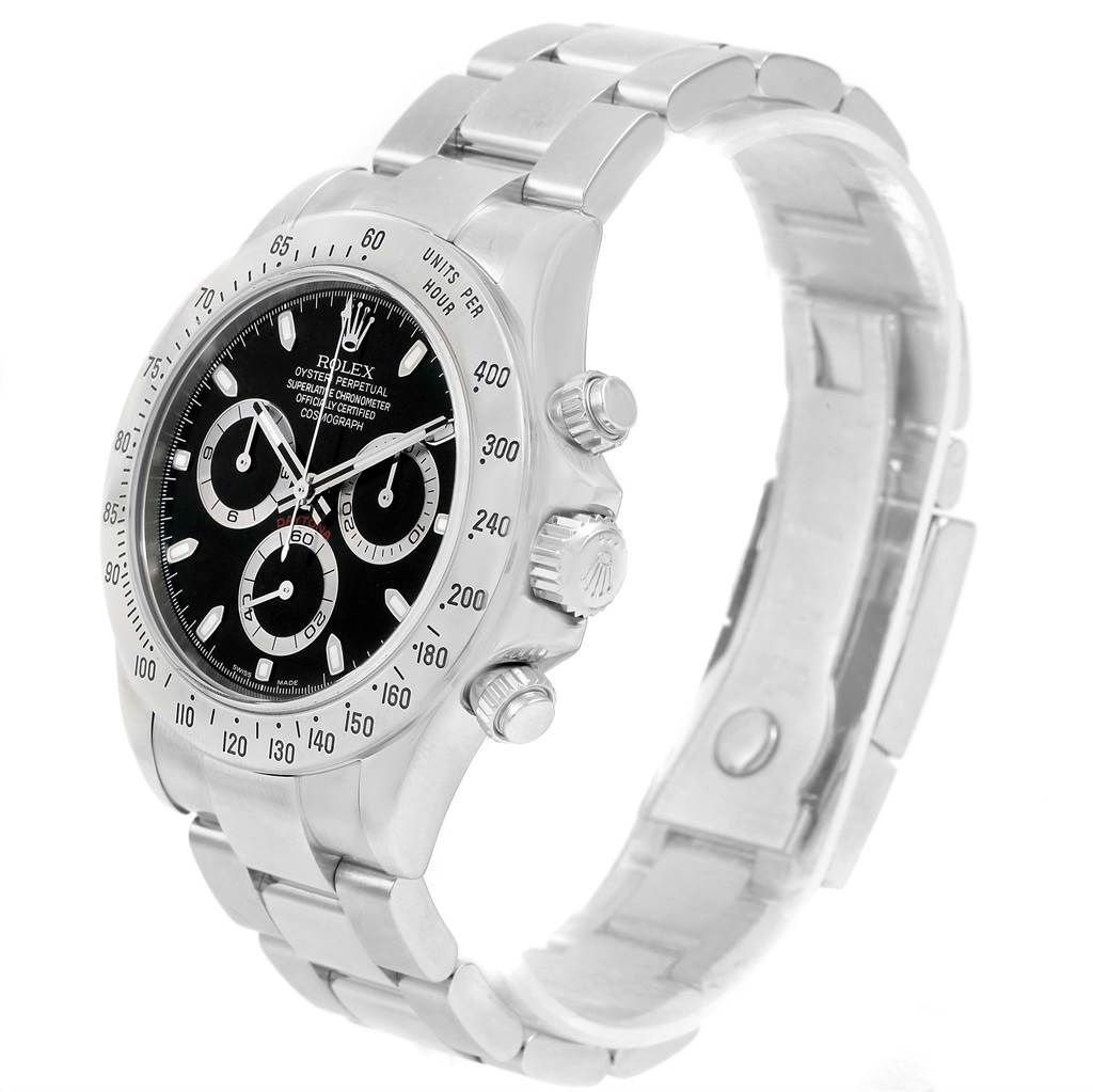This image shows a Rolex Daytona 116520 Men's Stainless Steel Black Dial 116520 Men's Stainless Steel Black Dial watch at a slight angle, highlighting its case, three sub-dials, and metal bracelet.