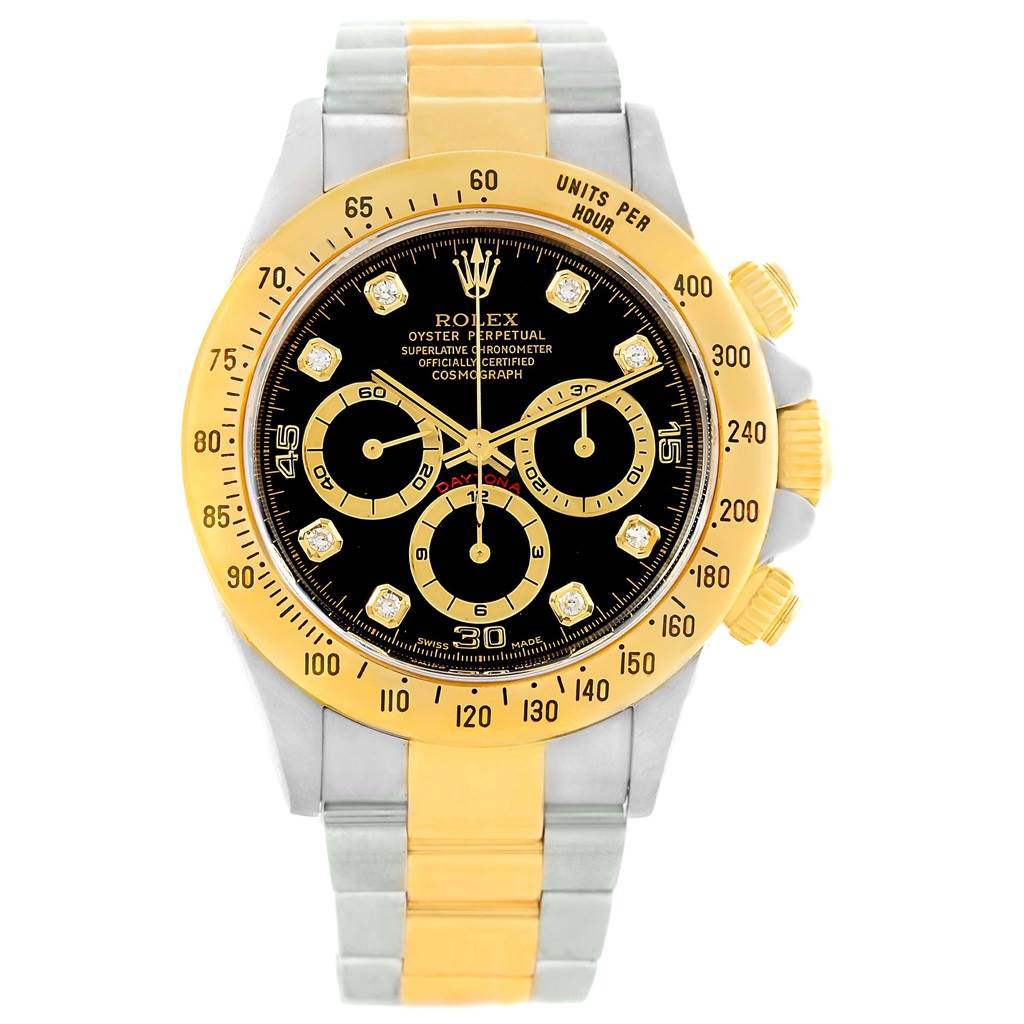 This image shows a front-facing Rolex Daytona 16523 Men's Steel and Gold (two tone) Black Dial 16523 Men's Steel and Gold (two tone) Black Dial watch, highlighting its black dial, gold bezel, and bi-metal bracelet.