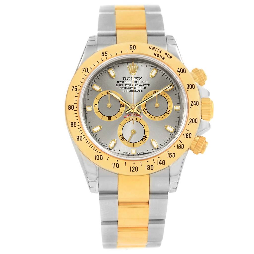 The image shows a front view of a Rolex Daytona 116523 Men's Steel and Gold (two tone) Grey Dial 116523 Men's Steel and Gold (two tone) Grey Dial watch with a two-tone metal bracelet and gold bezel.