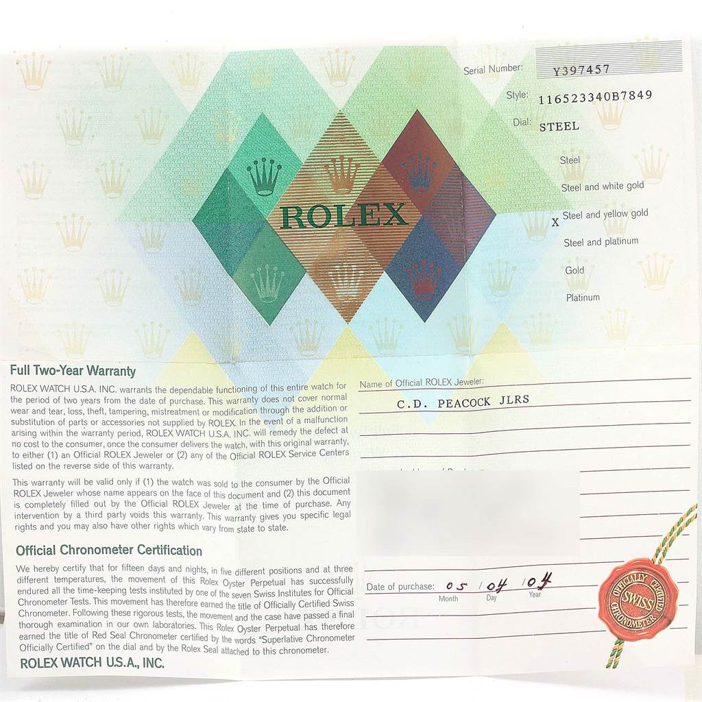 This image shows the warranty and certification card for a Rolex Daytona 116523 Men's Steel and Gold (two tone) Grey Dial 116523 Men's Steel and Gold (two tone) Grey Dial watch.