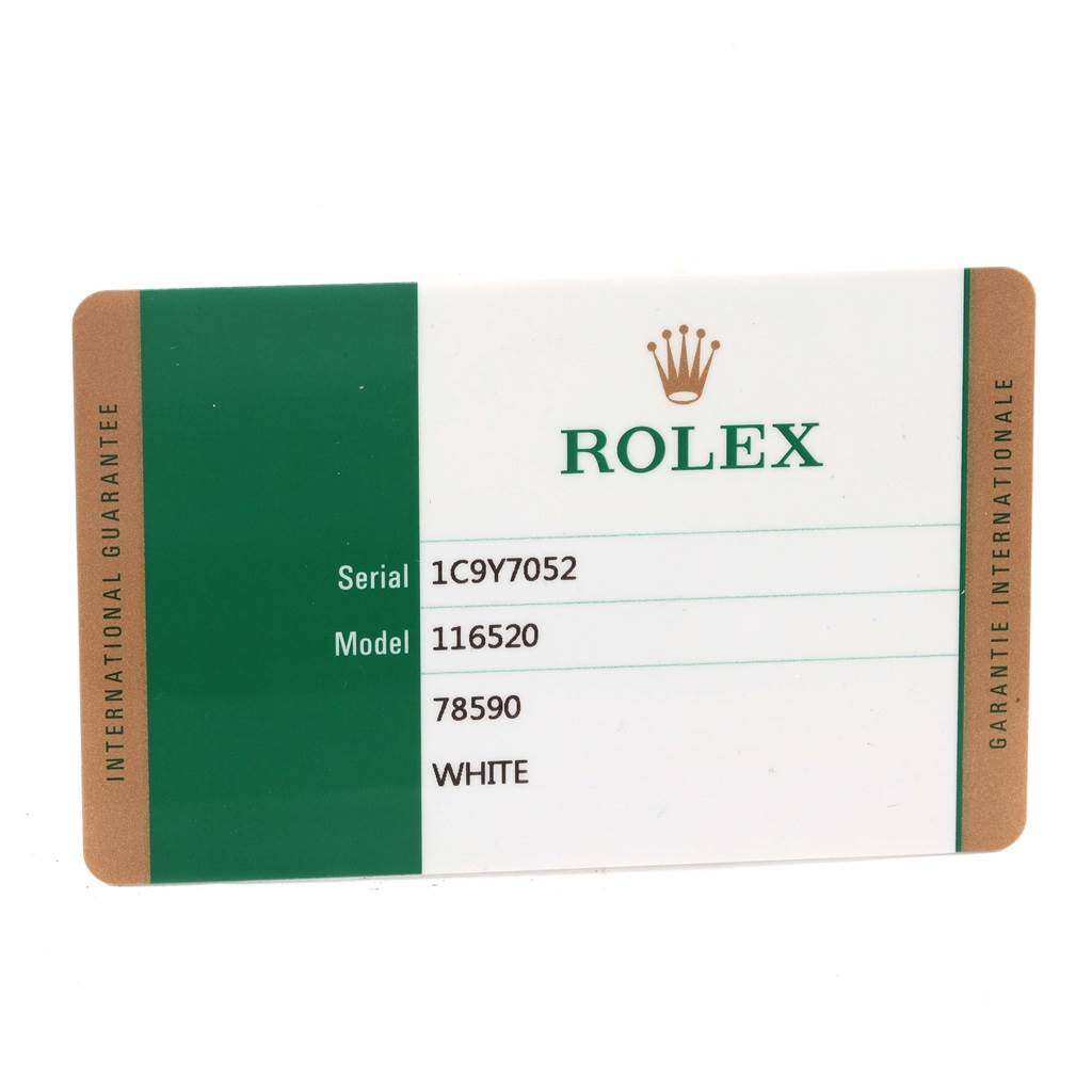This image shows the warranty card for the Rolex Daytona 116520 Men
s Stainless Steel White Dial 116520 Men
s Stainless Steel White Dial model.