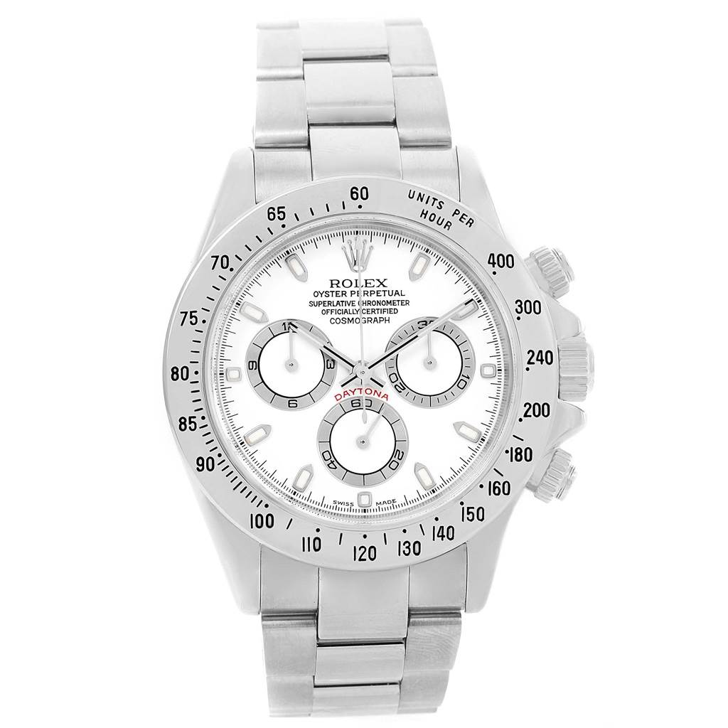 The image shows a front view of a Rolex Daytona 116520 Men
s Stainless Steel White Dial 116520 Men
s Stainless Steel White Dial watch, including the face, bezel, case, and bracelet.