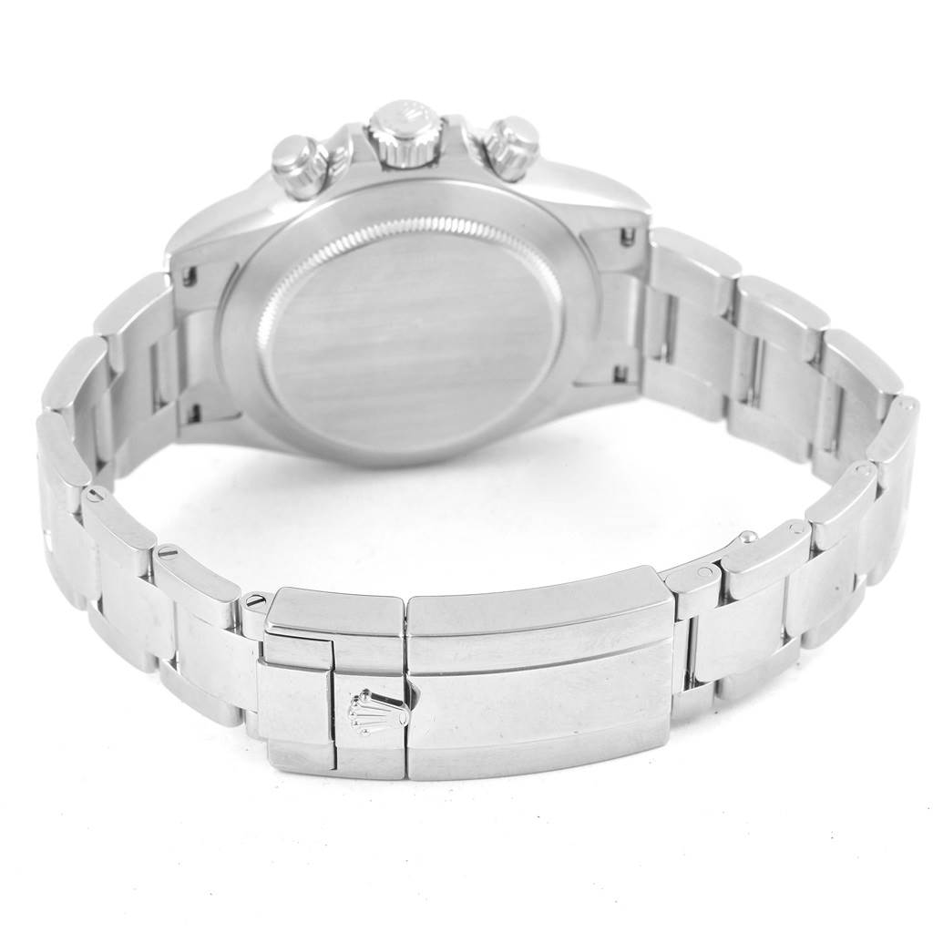 The image shows the back view and bracelet of the Rolex Daytona 116520 Men
s Stainless Steel White Dial 116520 Men
s Stainless Steel White Dial watch, highlighting the clasp and caseback.