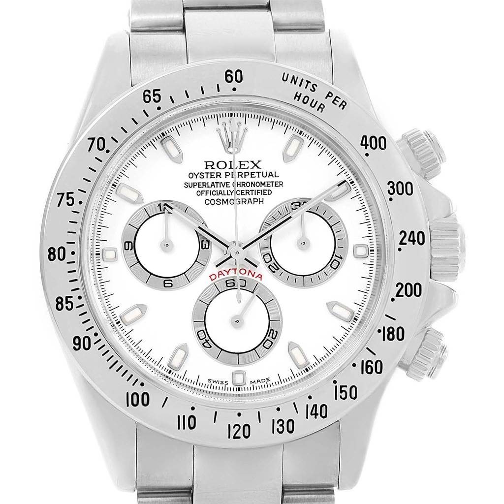 The Rolex Daytona 116520 Men
s Stainless Steel White Dial 116520 Men
s Stainless Steel White Dial watch is shown from a front angle, displaying the dial, chronograph subdials, and bezel with tachymeter markings.