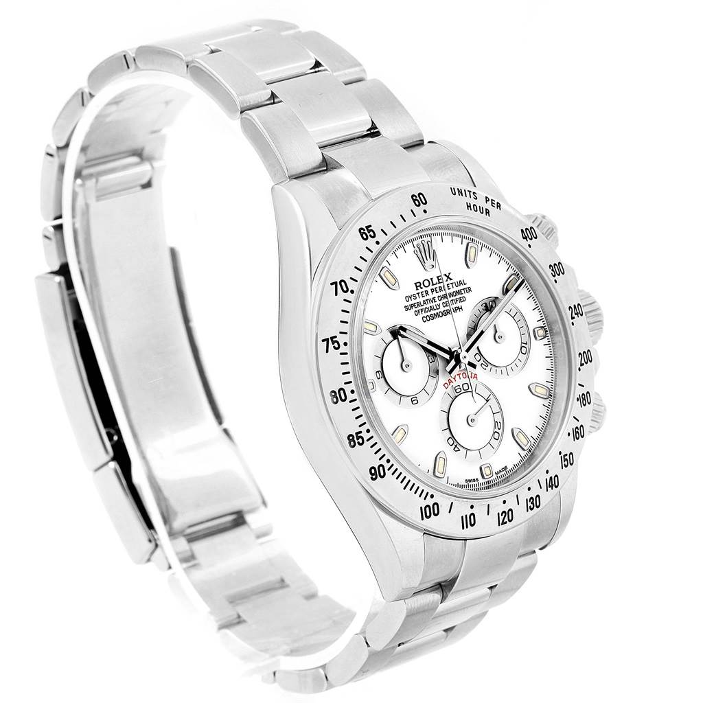 This image shows a Rolex Daytona 116520 Men
s Stainless Steel White Dial 116520 Men
s Stainless Steel White Dial watch at a slight angle, highlighting the dial, bezel, and part of the metal bracelet.