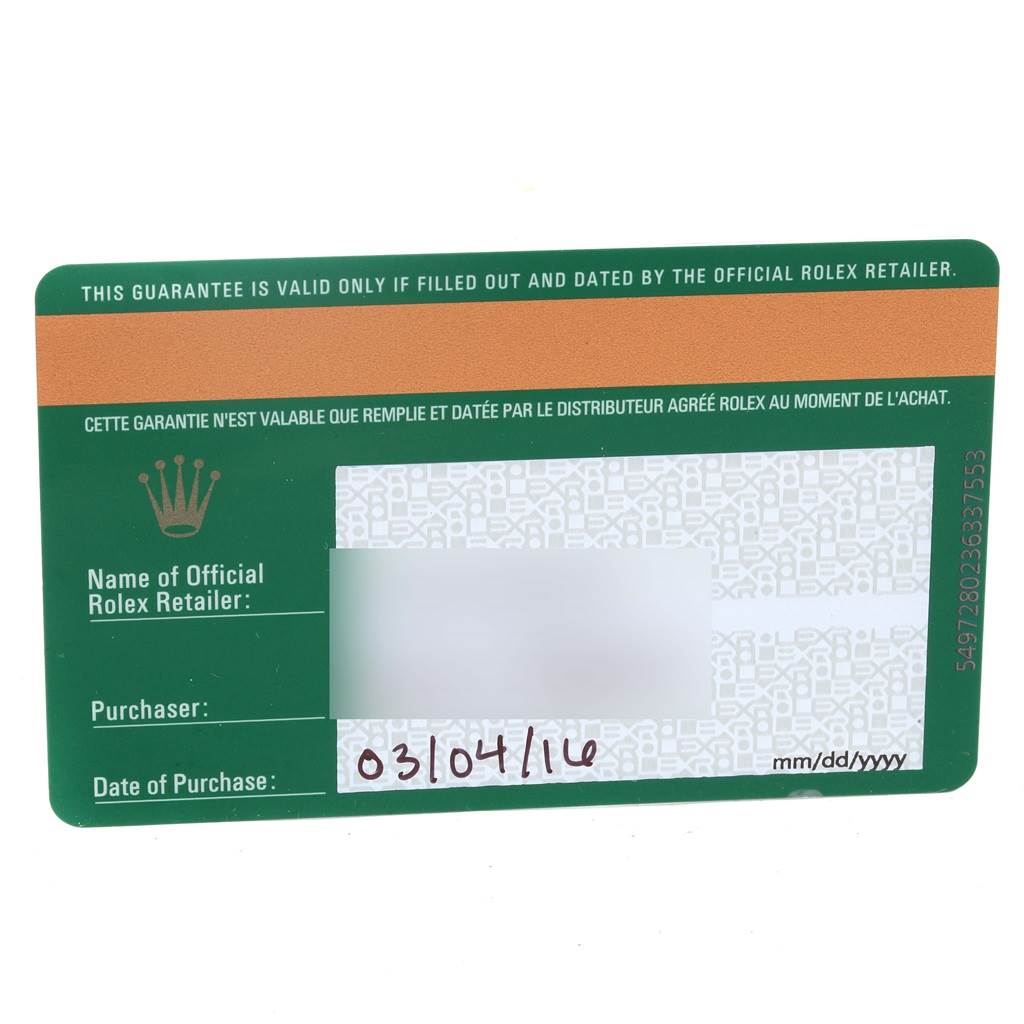 This image shows the front side of the guarantee card for the Rolex Daytona 116520 Men
s Stainless Steel White Dial 116520 Men
s Stainless Steel White Dial model.