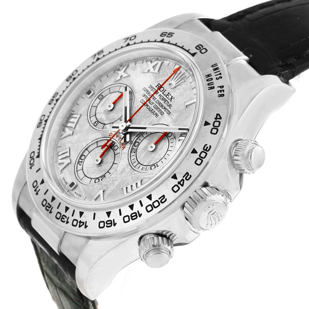 The image shows a side-angle view of a Rolex Daytona 116519 Men's White Gold Silver Dial 116519 Men's White Gold Silver Dial watch, highlighting its bezel, chronograph dials, and crown.