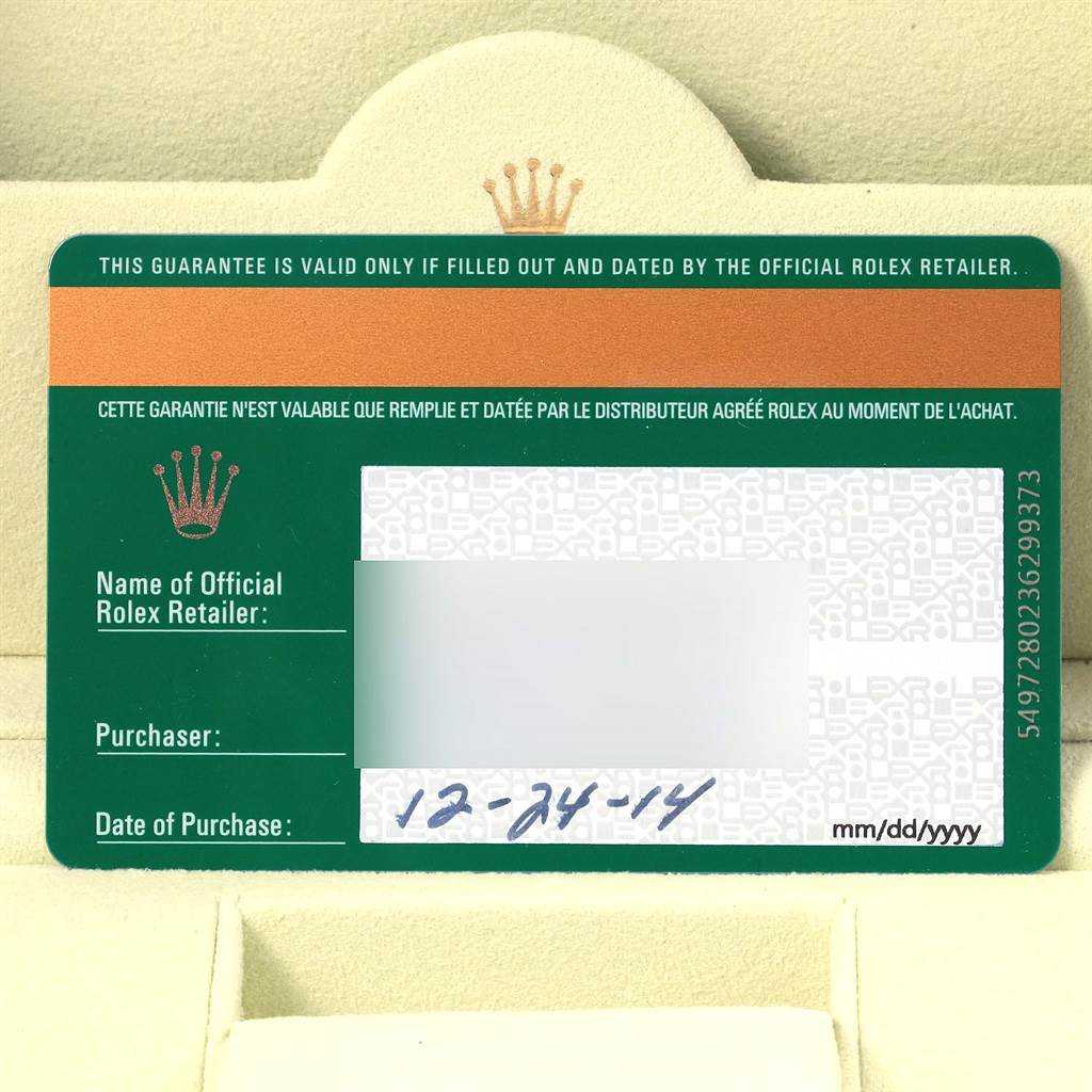This image shows a warranty card for the Rolex Daytona 116519 Men's White Gold Silver Dial 116519 Men's White Gold Silver Dial model.