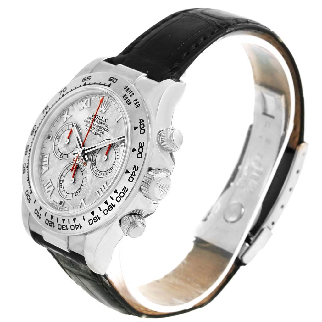 The image shows a Rolex Daytona 116519 Men's White Gold Silver Dial 116519 Men's White Gold Silver Dial model watch at a side angle, highlighting the bezel, dial, and leather strap.