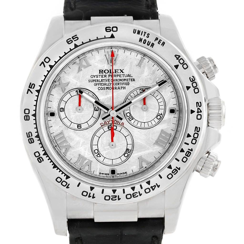 The image shows a frontal view of a Rolex Daytona 116519 Men's White Gold Silver Dial 116519 Men's White Gold Silver Dial watch, highlighting the dial, bezel, and chronograph subdials.