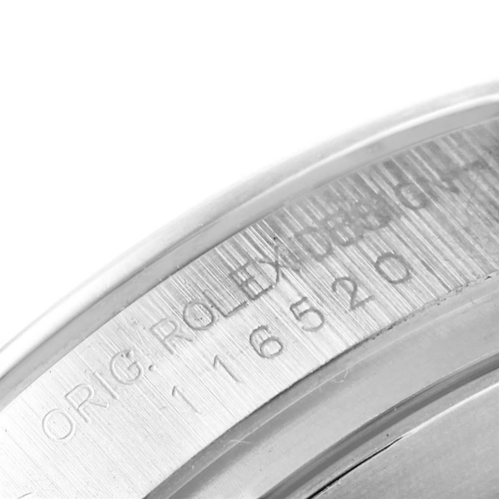 This is a close-up of the case back showing the model number and engraving of a Rolex Daytona 116520 Men
s Stainless Steel White Dial 116520 Men
s Stainless Steel White Dial watch.