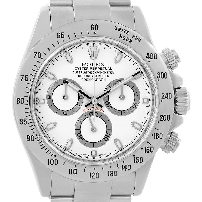 This image shows the face of the Rolex Daytona watch, highlighting the dials, bezel, and crown, viewed from the front.