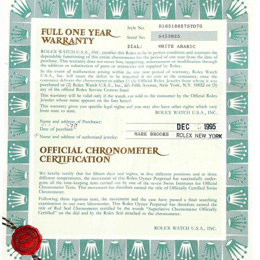 The image shows a warranty certificate and chronometer certification for a Rolex Daytona 16518 Men's Yellow Gold White Dial 16518 Men's Yellow Gold White Dial watch.