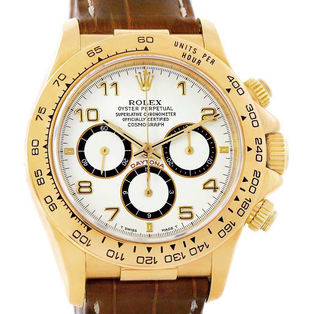 The image displays a front view of a Rolex Daytona 16518 Men's Yellow Gold White Dial 16518 Men's Yellow Gold White Dial watch with a gold case and brown leather strap.