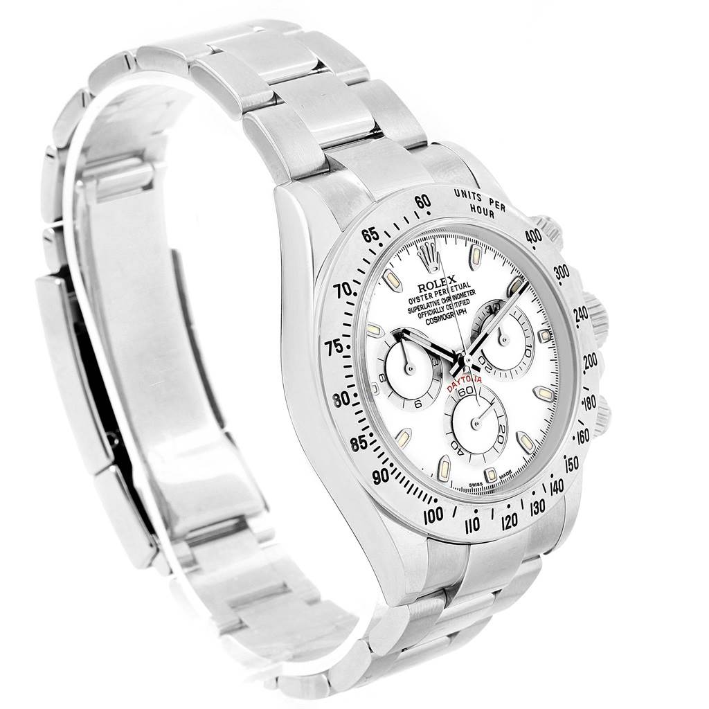 The image shows a side angle of a Rolex Daytona 116520 Men's Stainless Steel White Dial 116520 Men's Stainless Steel White Dial watch, displaying the bezel, dial, and bracelet in stainless steel.