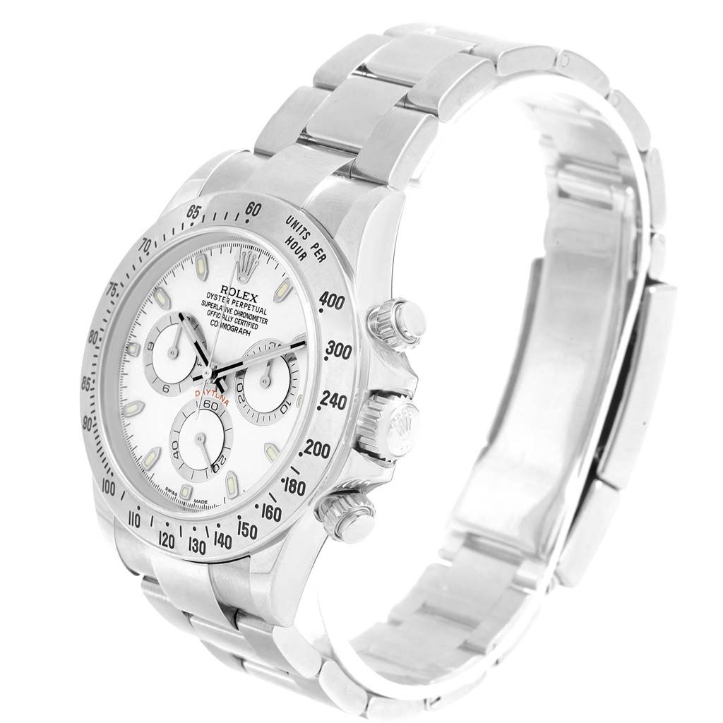 This Rolex Daytona 116520 Men's Stainless Steel White Dial 116520 Men's Stainless Steel White Dial watch is shown from a side angle, displaying the face, bezel, crown, pushers, and bracelet.