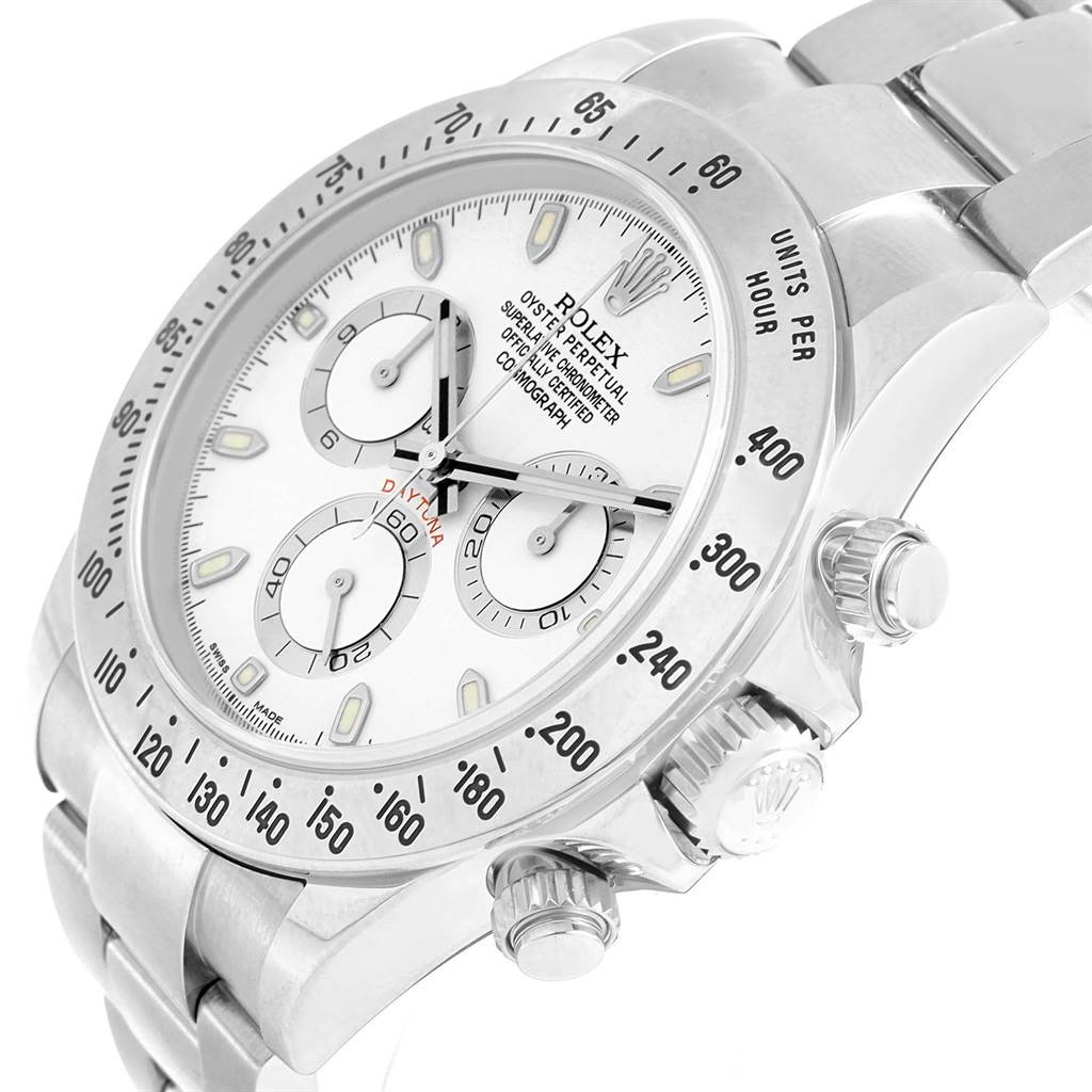 The image shows the front and right side of the Rolex Daytona 116520 Men's Stainless Steel White Dial 116520 Men's Stainless Steel White Dial watch, highlighting the dial, bezel, pushers, and crown.