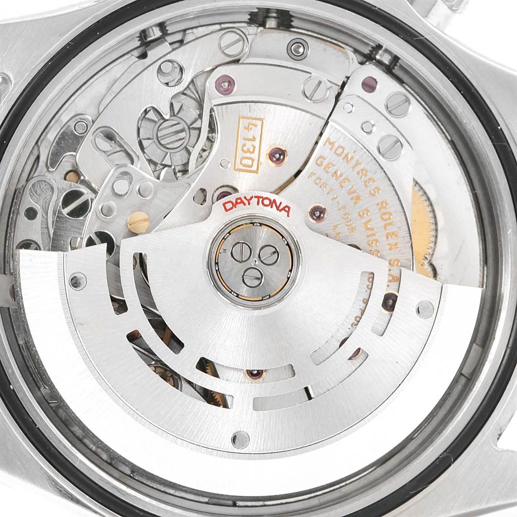 This image shows a close-up view of the movement mechanism of a Rolex Daytona 116520 Men's Stainless Steel White Dial 116520 Men's Stainless Steel White Dial watch.